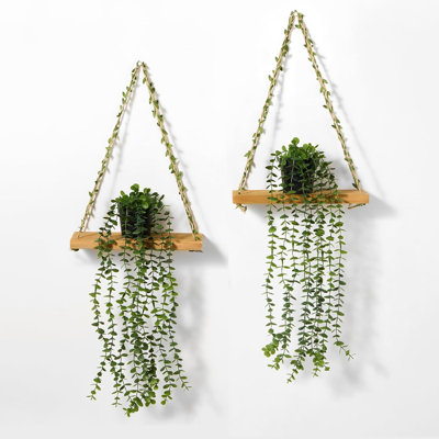 2 Pack Wooden Hanging Shelves With Artificial Eucalyptus Plants Wall Decor For Living Room, Bedroom, Bathroom - Fake Hanging Plant And Wood Wall Shelf Set For Boho Farmhouse Home Décor