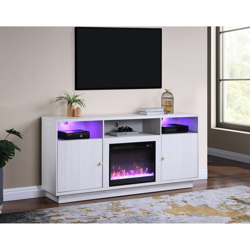 70-Inch White Walnut Tv Stand Fireplace Console With Heater, Led, 3 Open Shelves And Storage Cabinets Wide Finish Led Lights, 2 For 60 - 69 Inch Tvs