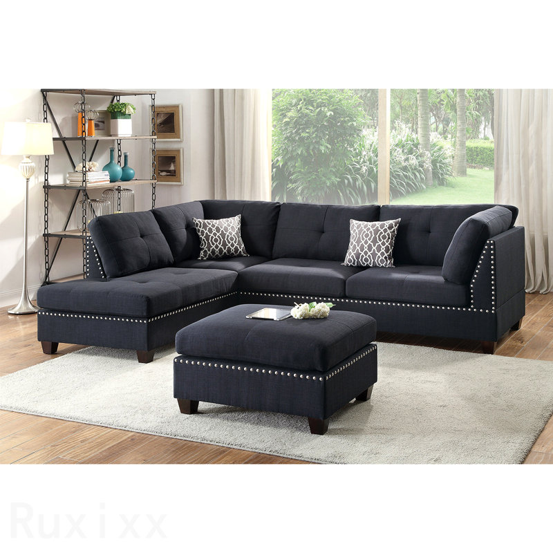 Reversible Polyfiber Sectional Sofa With Ottoman, Black