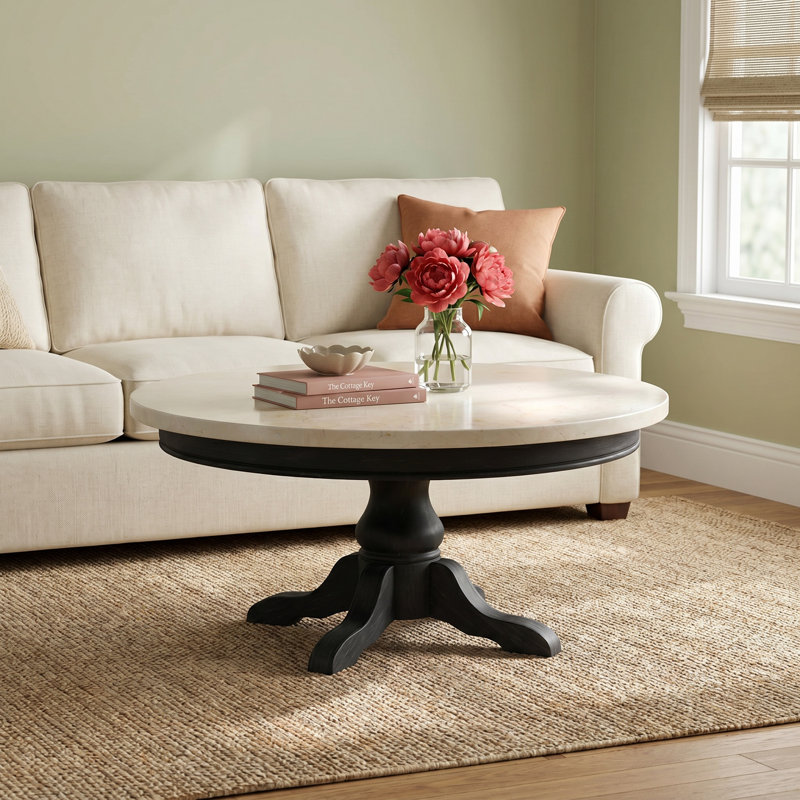 Pedestal Coffee Table, Ivory Top/Black Base