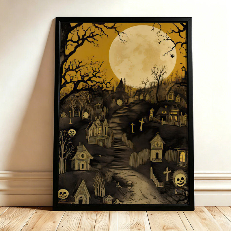 Village hanté d'Halloween sous la pleine lune, tableau sur toile encadré, cadre marron, 61 x 91 cm, 24x36, Brown