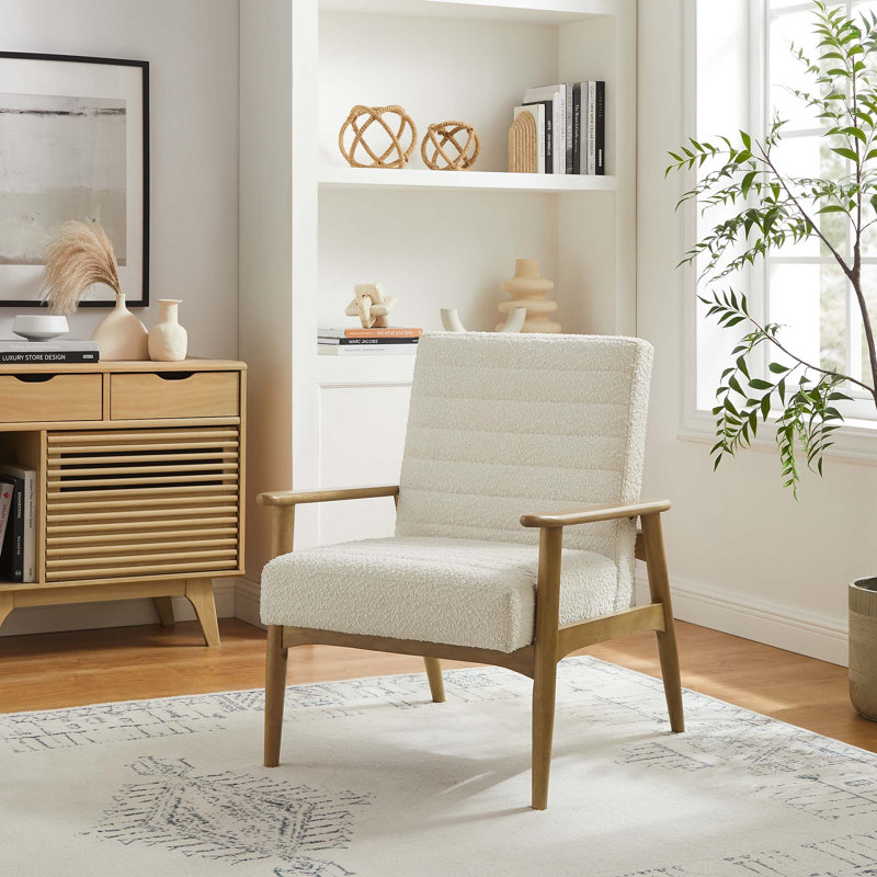 Fauteuil d'appoint en tissu Jensen Boucle, Mélange de polyester ivoire, Bois de chêne
