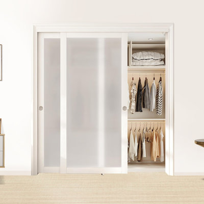 1-Lite Tempered Frosted Glass Wood Double Bypass Sliding Closet Doors With Installation Hardware Kit