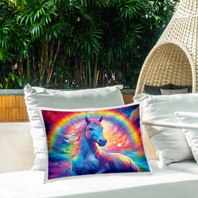 Shining Horse with Rainbow Outdoor Printed Pillow by Michael David Ward