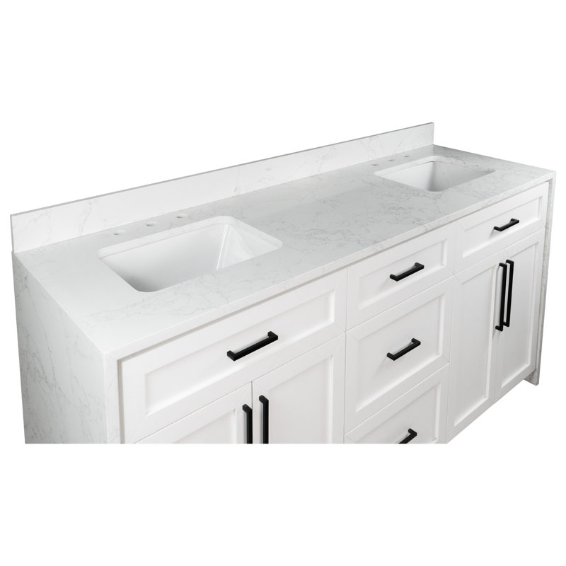 Ensemble de meuble-lavabo 72 po avec armoire blanche et comptoir en marbre d'ingénierie, Blanc