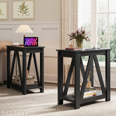 Set Of 2  End Table Side Beside Table For Living Room, Bedroom  with Charging Station and Open Storage Shelf