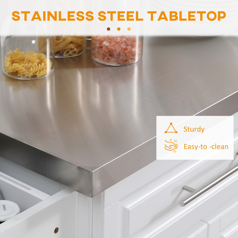 White Stainless Steel Top Kitchen Cart with Storage and Racks