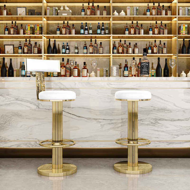 Chaises de bar pivotantes avec tabourets réglables modernes en acier inoxydable Cravets (1PCS), Cuir blanc / base dorée
