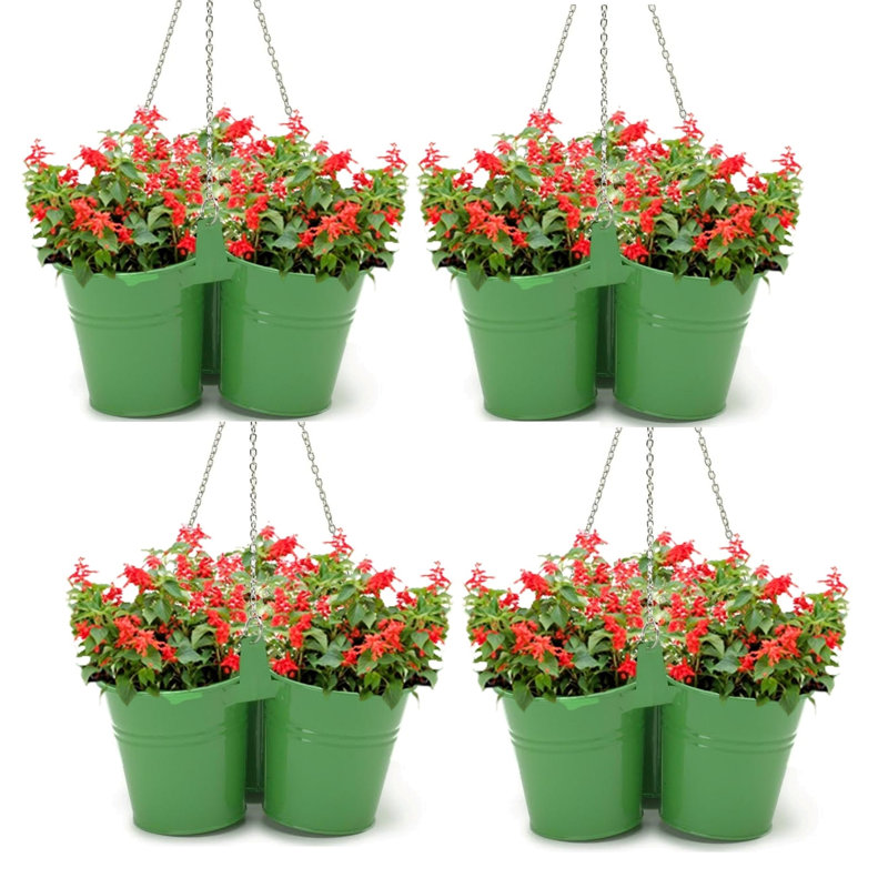 Enameled Galvanized Steel Triple Hanging Planter, Green