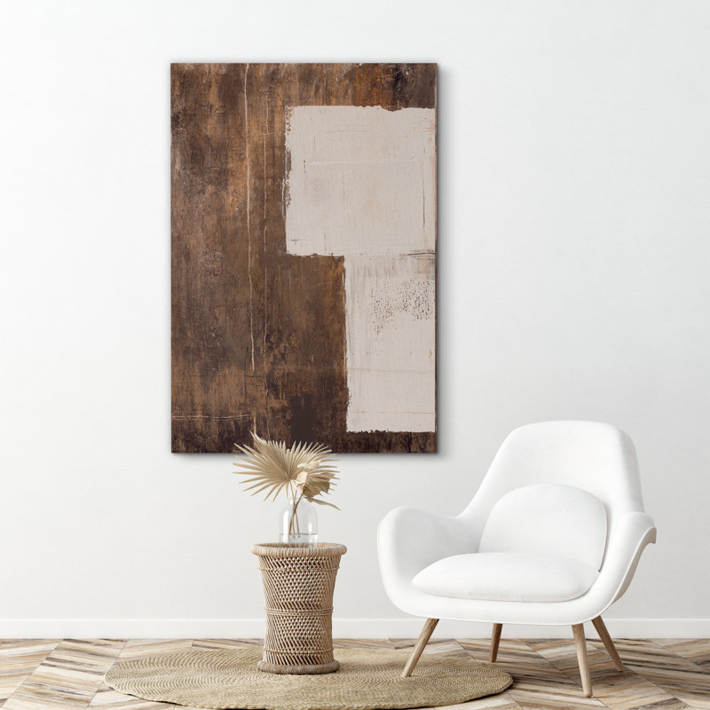 Style Mid-Century, brun foncé, formes abstraites neutres, grand cadre rustique, décor minimaliste M23, Toile tendue