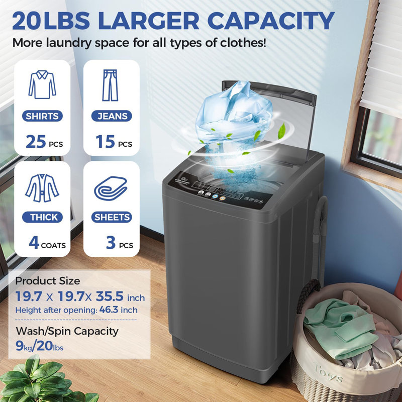 Machine à laver portative Nda 2,8 pi³ avec capacité de 20 lb avec 10 programmes et 8 choix de niveau d'eau, Gris