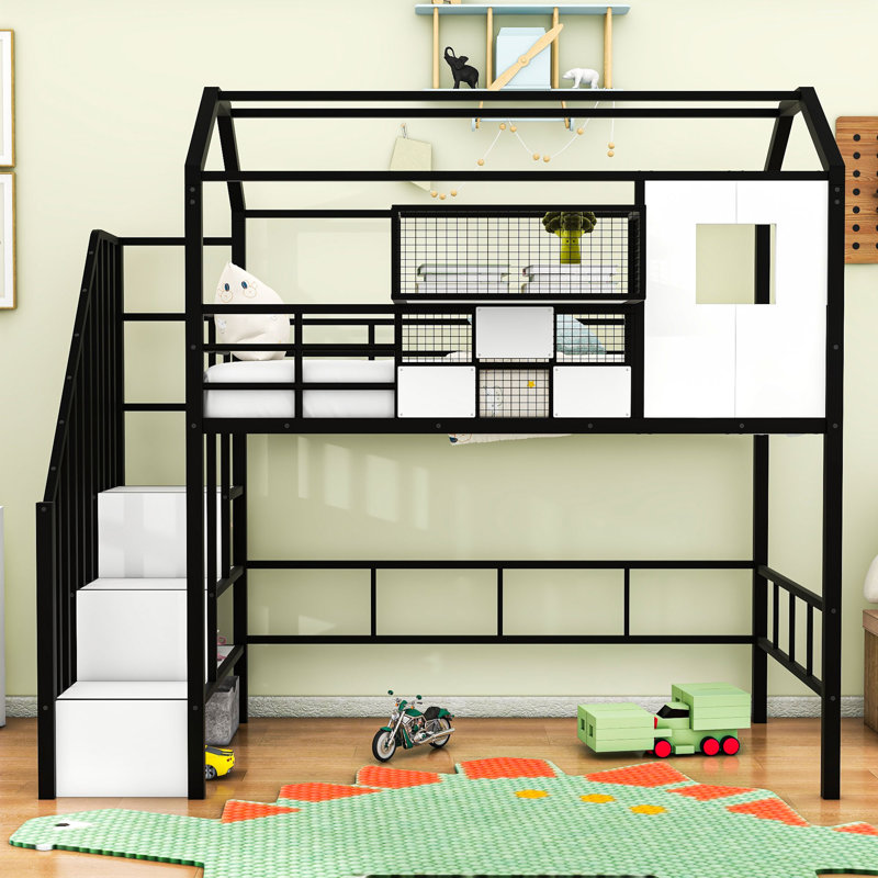 Twin Metal Loft Bed With Roof Design, Black