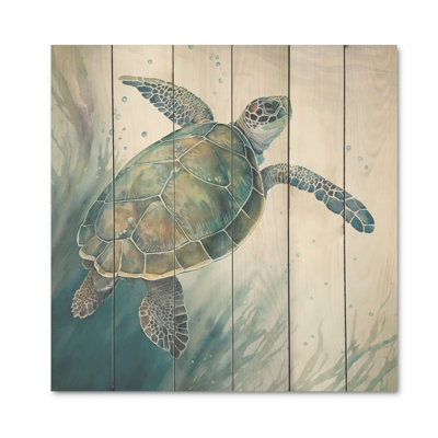 Watercolor Turtle Swimming I - Animals Turtle Wood Wall Art Print