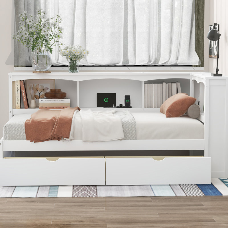 Lit de jour simple blanc avec rangement et connexions - Conçu pour offrir une expérience de chambre à coucher confortable avec des tiroirs et un décor solide et durable