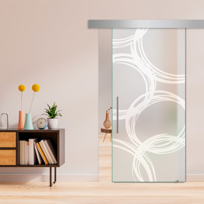 Frameless Glass Sliding Barn Door with Sandblasted Modern Design + Hardware Kit (Full-Private)