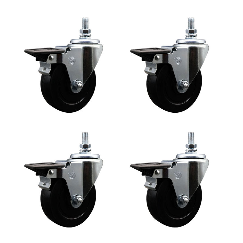 4 Inch_Soft Rubber ½ Inch Threaded Stem Caster Set with Brake