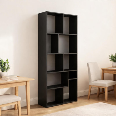 5-Tier Vertical Storage Display Shelving, Black-Toned Synthetic Wood, Asymmetrical Bookcase for Compact Home Entryways and Living Rooms