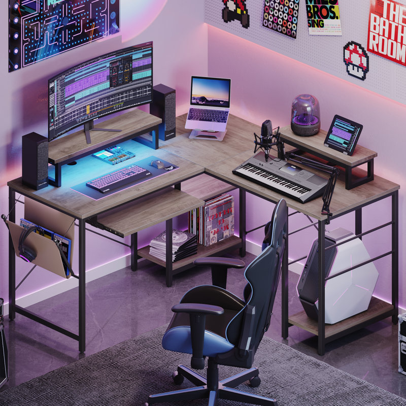 Orndorff L Shaped Gaming Desk or 2 Person Long Table with Shelves Monitor Stand and Keyboard Tray, Gray Wash