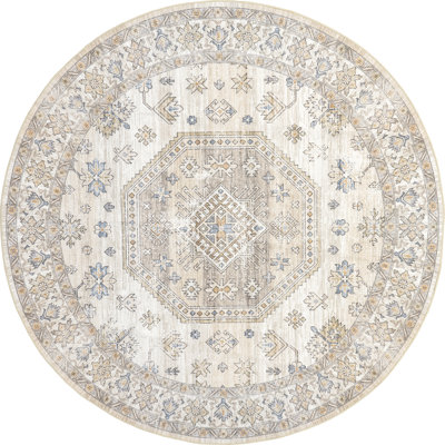 Darby Medallion Spill Proof Machine Washable Area Rug for Living Room Bedroom Dining Room, Beige/Ivory