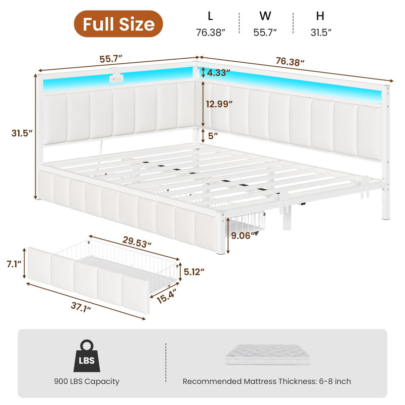 Corner Bed Frame With Storage Drawers, Full-Size Sofa Bed With Wire Fabric Upholstered Rails, Bed Unit With Led Lights And Charging Station, Modern Full-Size Bed Frame (Beige)
