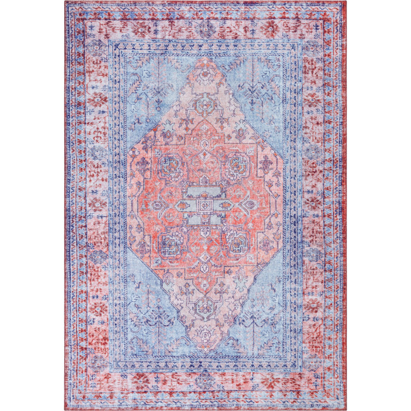 Nile Vintage Medallion Flatweave Blue/Red Machine Washable Area Rug, Rectangle 230 x 290 cm