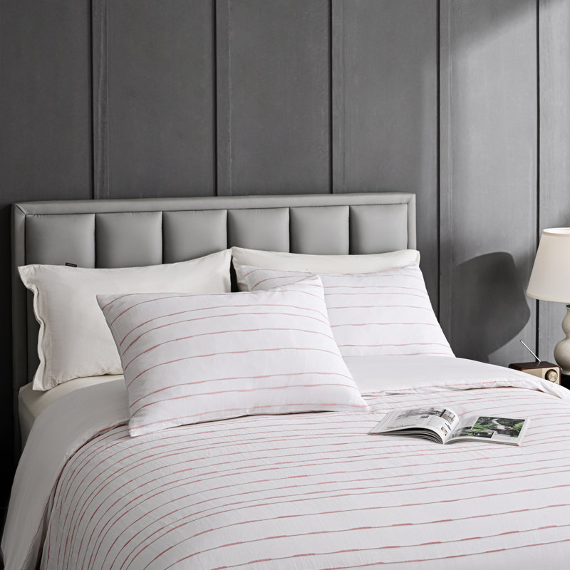 Zari Modern & Contemporary Cotton Percale Striped Duvet Cover, Queen Duvet Cover + 2 Standard Shams, White/Pink