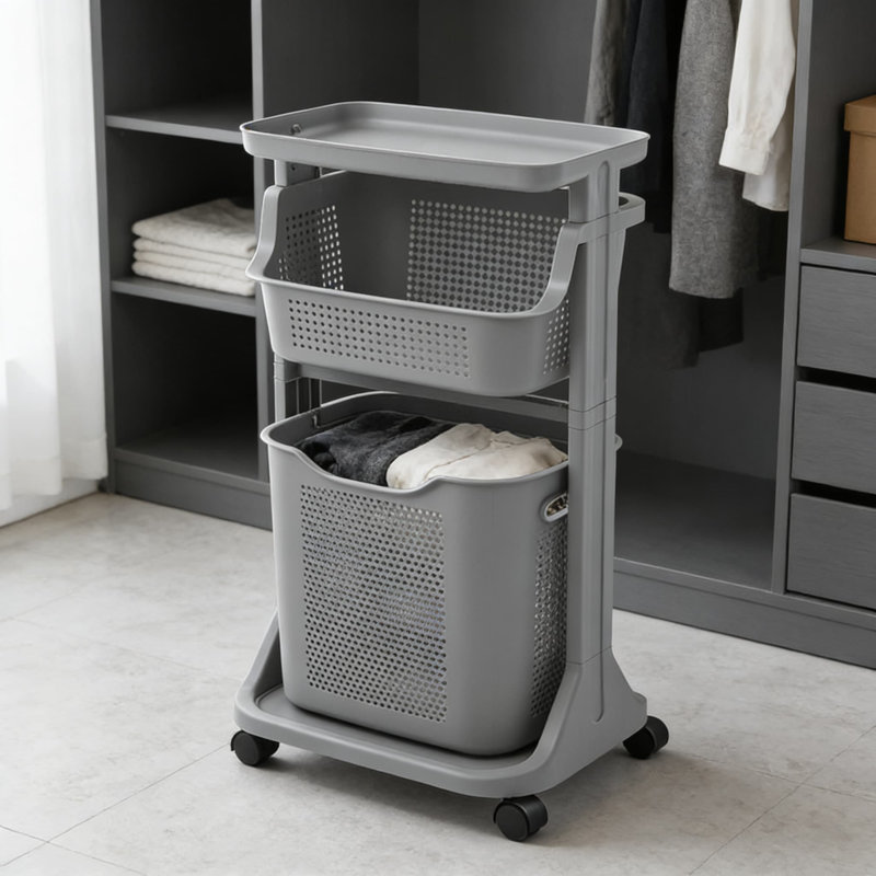 Grey Vertical Bathroom Storage Rack, Two-Layer Model,Large Capacity Multi-Functional Laundry Hamper With Storage Shelf, Foldable Clothes Basket For Home, Laundry Room, And Dorm Organization