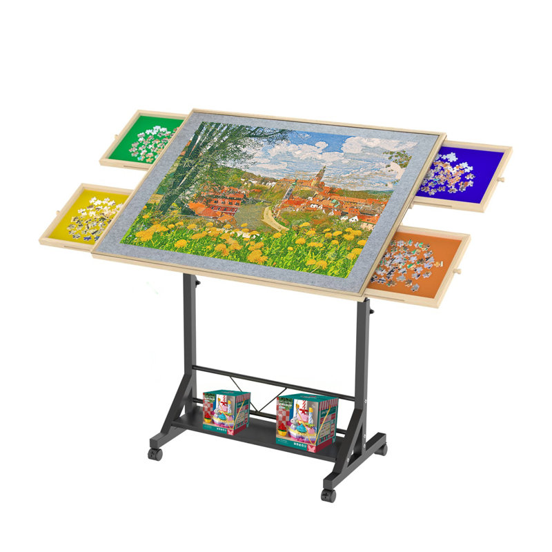 Wooden 1500 Piece Puzzle Table With Drawer, 35"*27.17" Adjustable Puzzle Table, 360° Tilting Puzzle Table With Legs And Wheels, Rolling Puzzle Table, Adjustable Height And Angle, With Protective Cover
