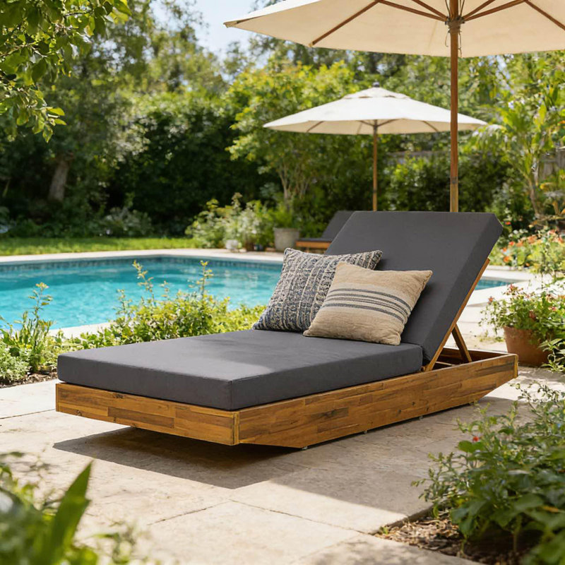 Chaise Lounge With Cushion, Outdoor Recliner With Water-Repellent Cushion, Dark Gray