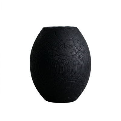 Hand-Carved Solid Wood Vase in Matte Black or Espresso Brown – Wire-Brushed Textured Accent for Dried & Faux Florals, Round Decor, 5.9"H