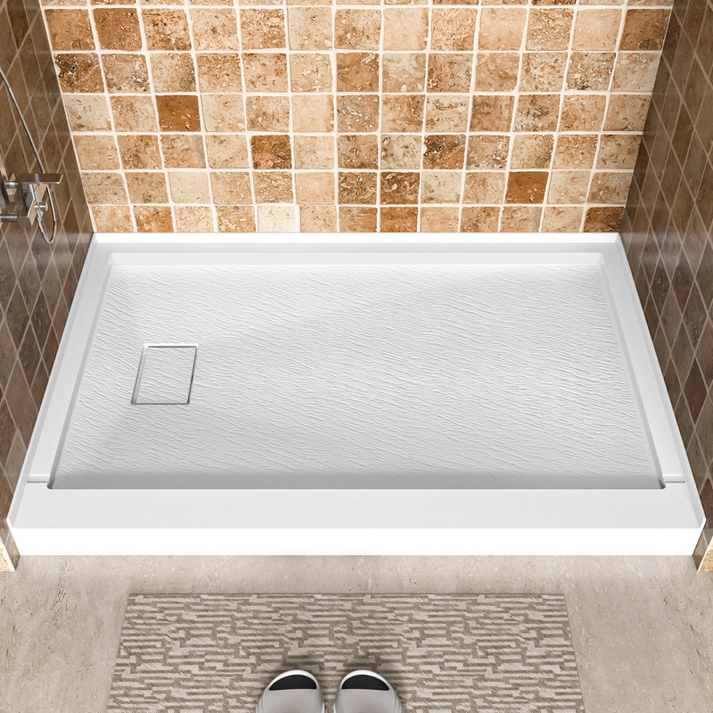 Base de panneau de douche à simple seuil de 48 po x P 32 po à surface solide avec couvercle de bonde inclus, blanc, bonde gauche
