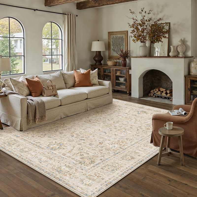 Quinn Vintage Washable Area Rug With Non-Slip Backing, Beige, Rectangle 8' x 10'