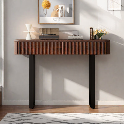 Retro Minimalist Wood Console Table With 2 Drawers, Textured Grooves Design And Metal Legs 