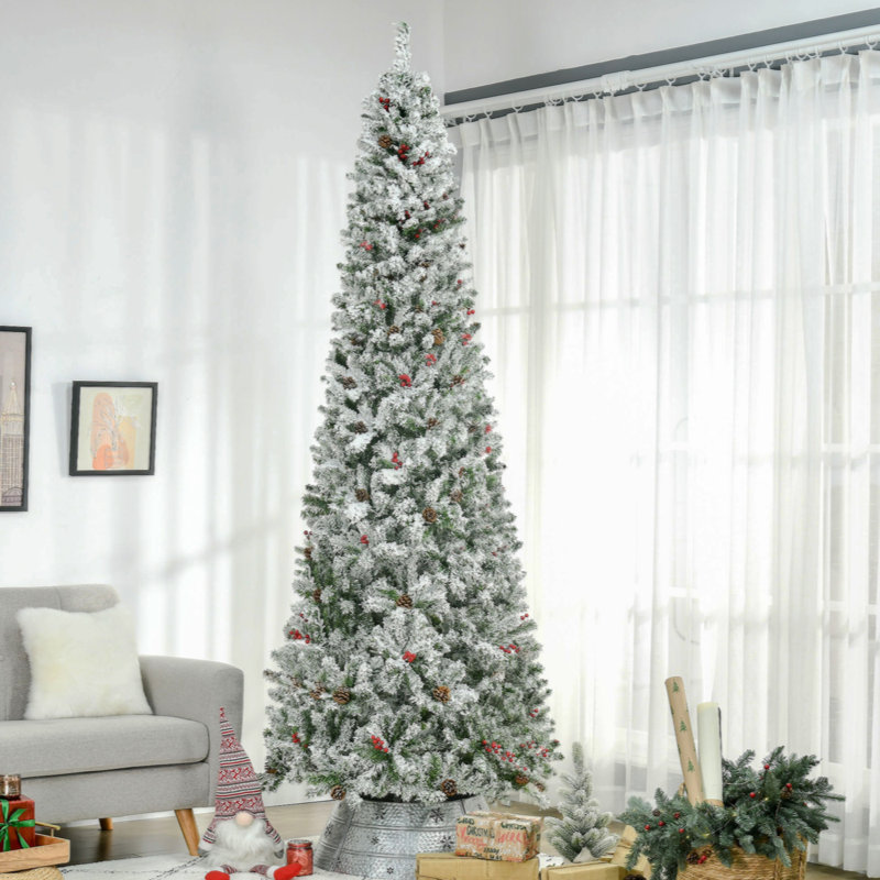 Crayon arbre de Noël artificiel enneigé avec branches de pin réalistes, pommes de pin, baies, ouverture automatique