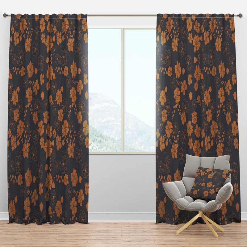 Retro Handdrawn Poppies II - Mid-Century Velvet Curtain - Room darkening - 1 panel, 52"W x 63"L