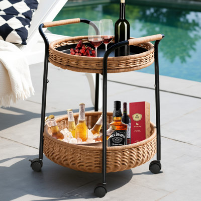 The 22" Natural Bar Cart With Protective Rattan Tray & Lockable Casters by Bay Isle Home