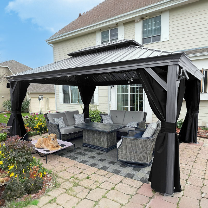PURPLE LEAF 12' X 16' Patio Hardtop Gazebo Aluminum Outdoor Gazebo with Double Galvanized Steel Roof for Deck Backyard All Weather Outdoor Pavilion Curtain and Netting Included, Light Grey