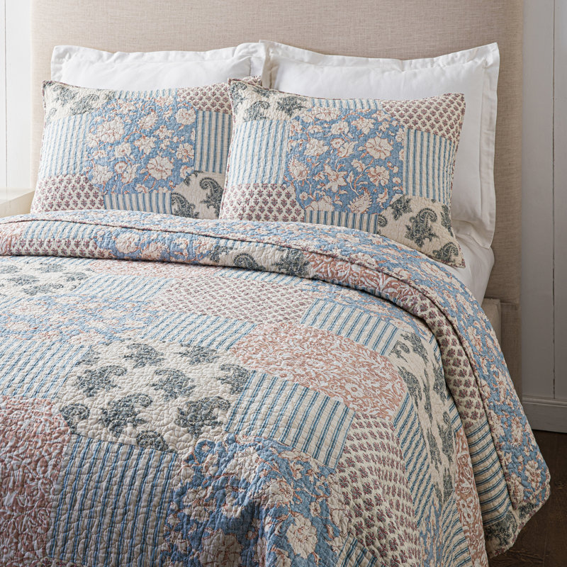 Courtepointe réversible 3 pièces en coton bleu standard, Full/Queen Quilt + 2 Standard Shams
