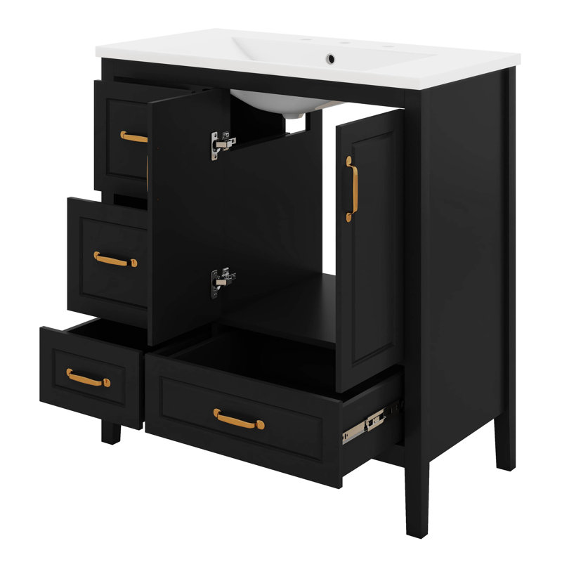Meuble-lavabo 36 po avec lavabo, meuble-lavabo simple autoportant avec 2 portes et 4 tiroirs à fermeture en douceur, Noir