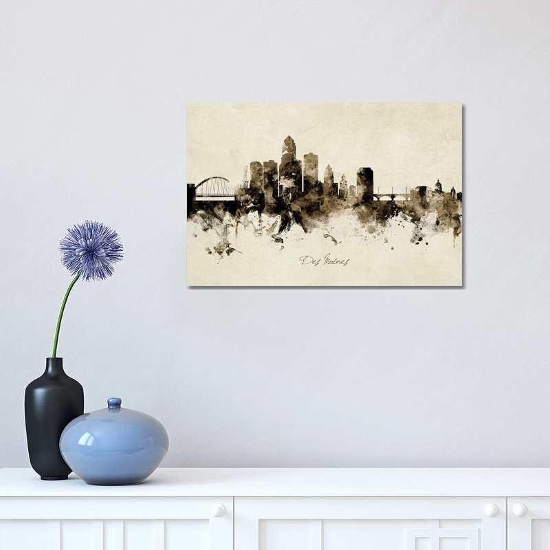 «Des Moines Iowa Skyline» par Michael Tompsett, impression sur toile tendue, H 12 po x l 18 po x 1,5 po