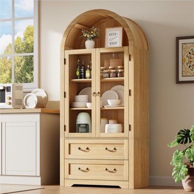 71" Tall Arched Display Cabinets with Glass Doors & Adjustable Shelves, Kitchen Storage Cabinet Sideboard For Dining Room by Charlton Home