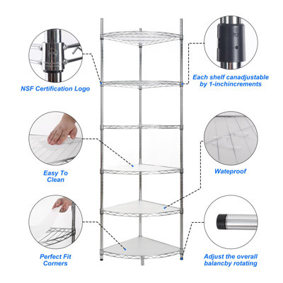 6 Tier Shelf Corner Wire Shelf Rack Adjustable Metal Heavy Duty Free Standing Corner Storage Display Rack for Bathroom, Living Room, Kitchen