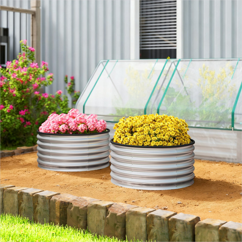 Ensemble de 2 jardinières surélevées en acier galvanisé, argent froid, 35,4 x 35,4 x 16,9 pouces, fond ouvert pour plantes d'extérieur
