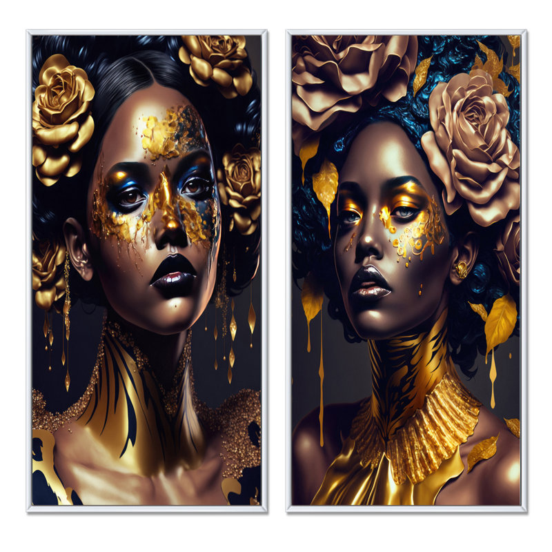 «Gold and Black Floral Woman V», 2 pièces sur toile, Cadre blanc, H 20 po x l 24 po