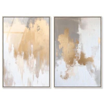 Golden Tranquility Abstract Framed High-Gloss Acrylic Glass Wall Art Gold Set by Art Remedy, Silver Frame, 36 x 54