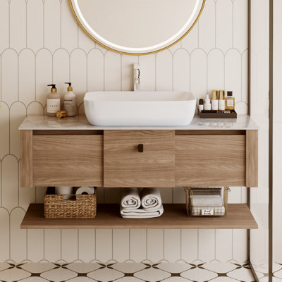 Ensemble de meuble-lavabo autoportant brun moderne 48 po avec lavabo en céramique blanche, comptoir en marbre artificiel, tiroir de rangement et tablette ouverte