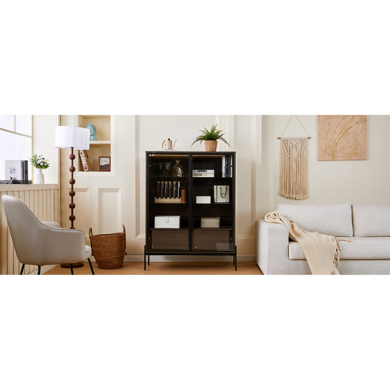 Tempered Glass Display Cabinet With Led Lights. Modern Minimalist For Study Room. Metal Legs, . 4 Adjustable Shelves, 2 Drawers, Black + Dark Walnut Shelf Lighting. Style Area.
