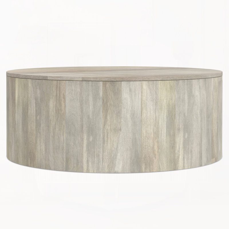Table basse tambour en bois de manguier, fini blanchi