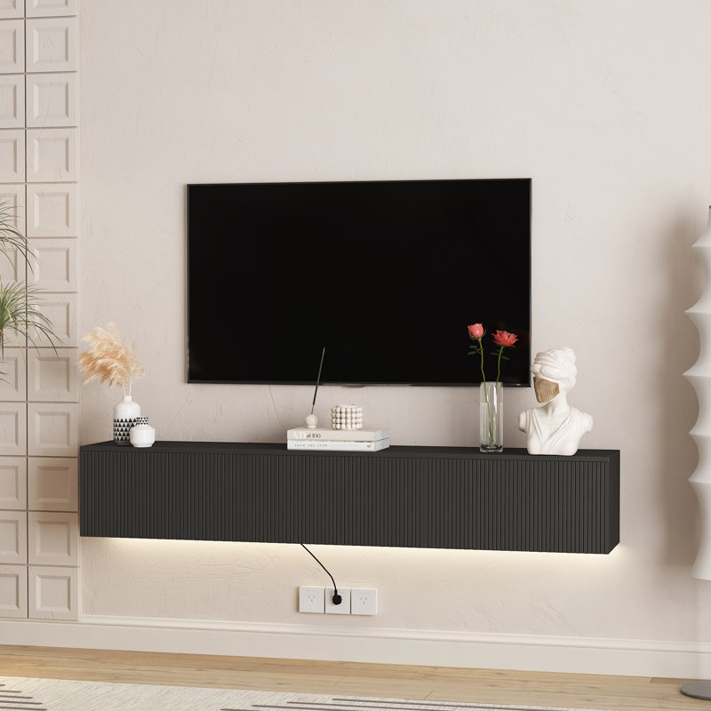 Sleek Wall-Mounted Floating TV Stand With 16-Color LED Lights And Ample Storage, Black, 9.17"H x 68.8"L x 11.8"W
