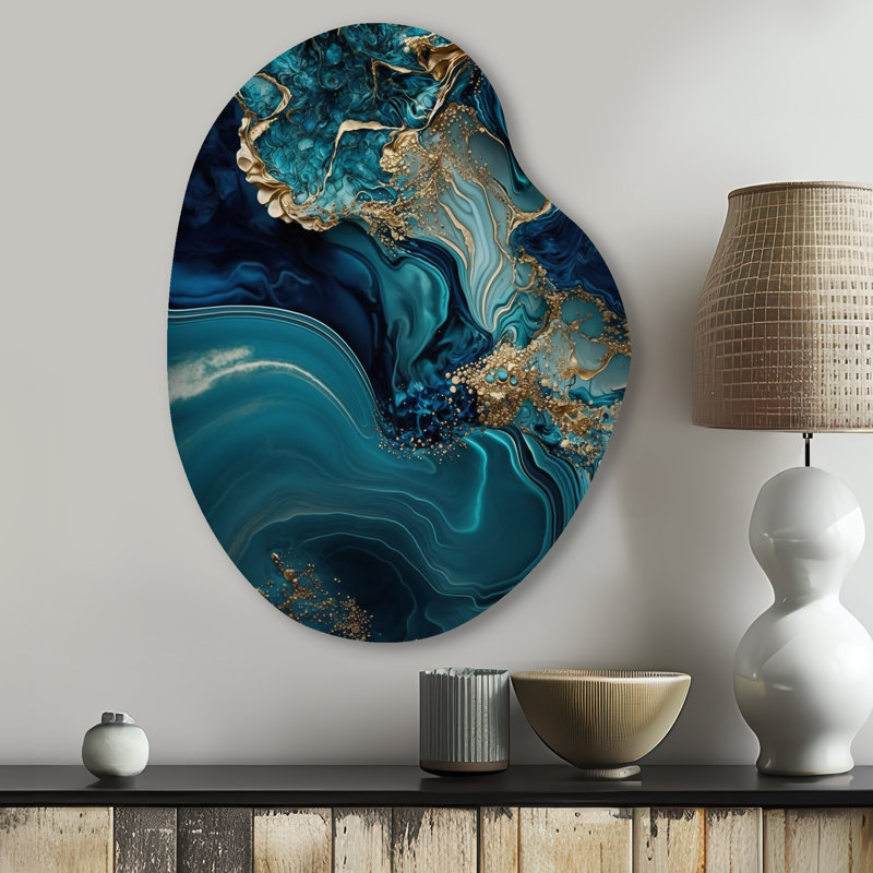 Abstrait géométrique turquoise I - marbre, décoration murale unique en métal, reproduction d'art asymétrique turquoise
